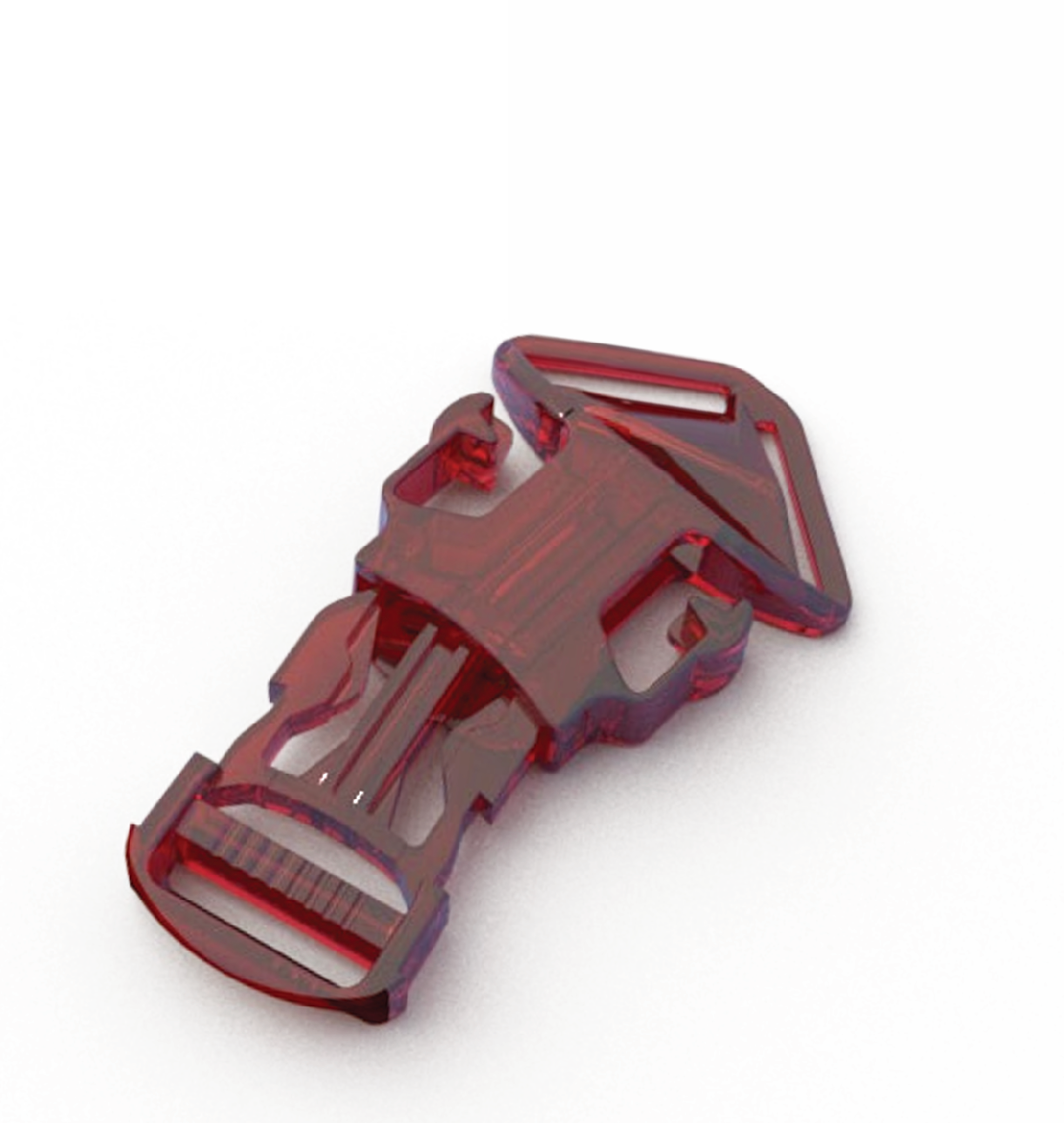 Transparent red buckle showing internal geometry and break-release points