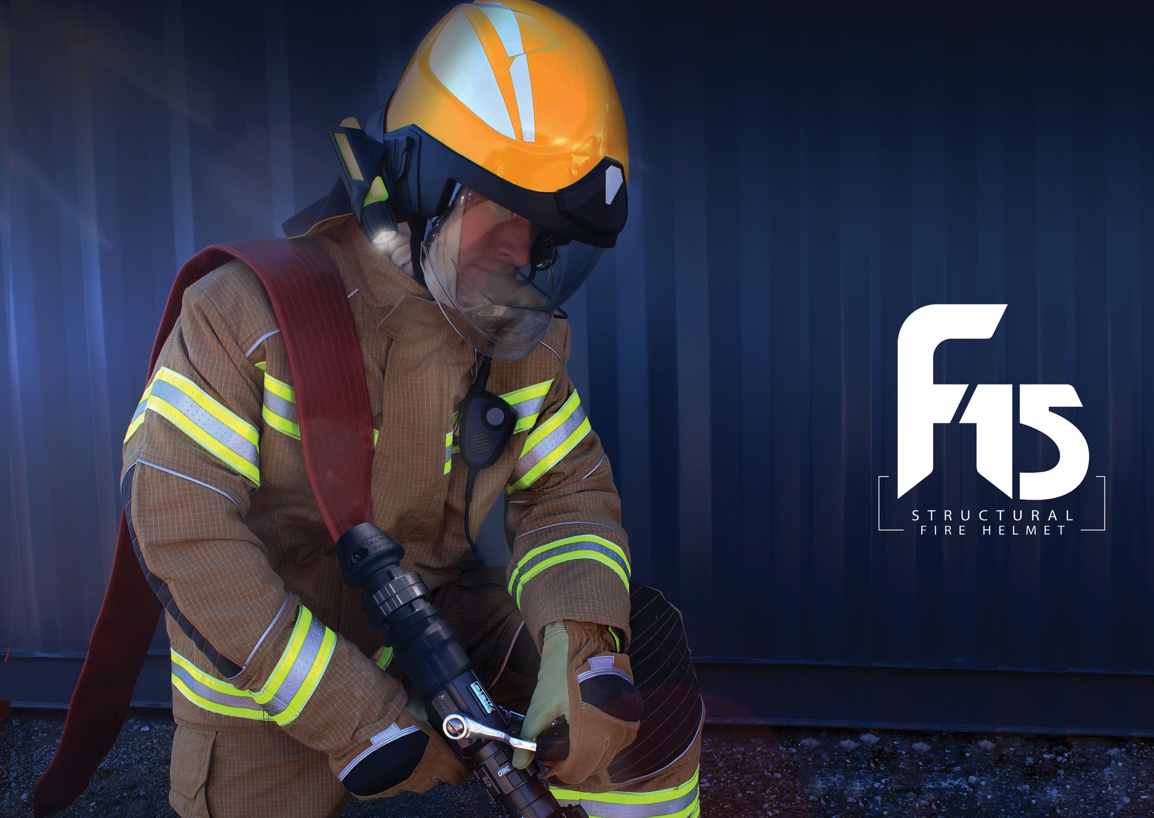 F15 structural fire helmet worn by a firefighter
