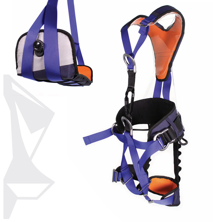 Blue and orange rope access harness with work seat