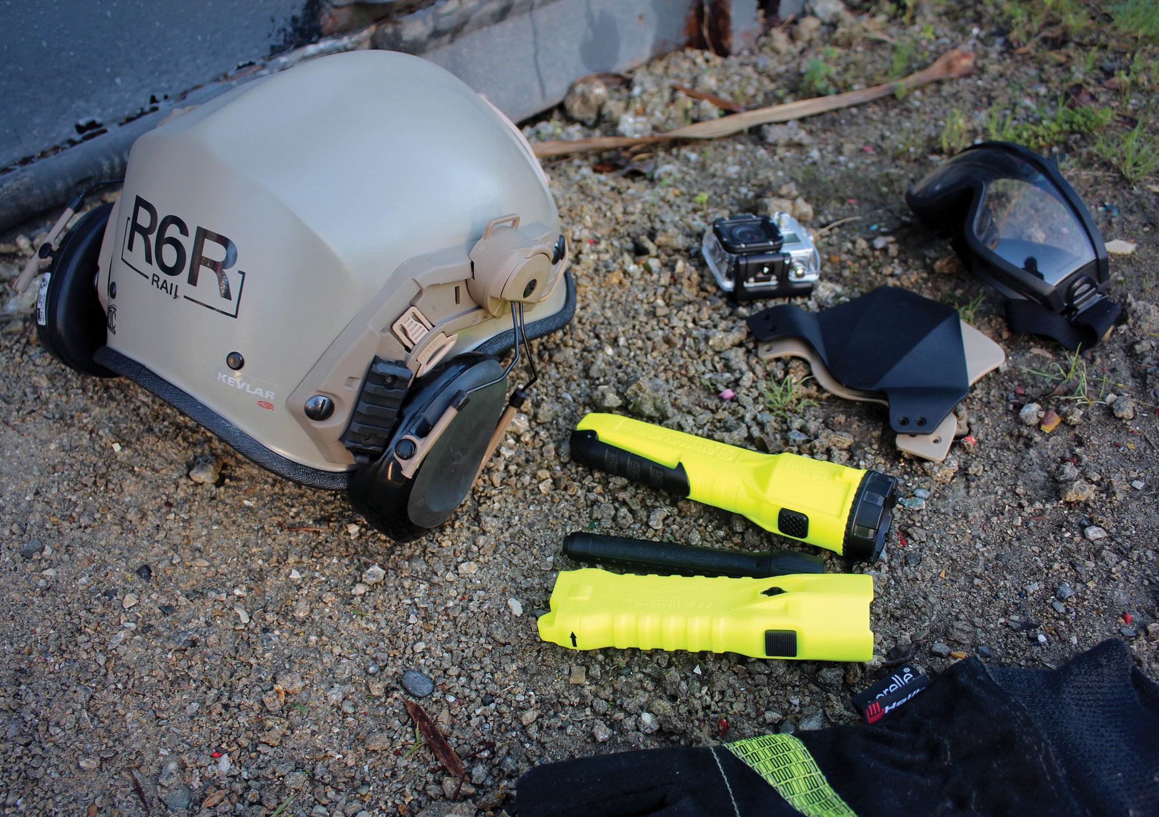 R6R rescue helmet in the field with torch and accessories mounted