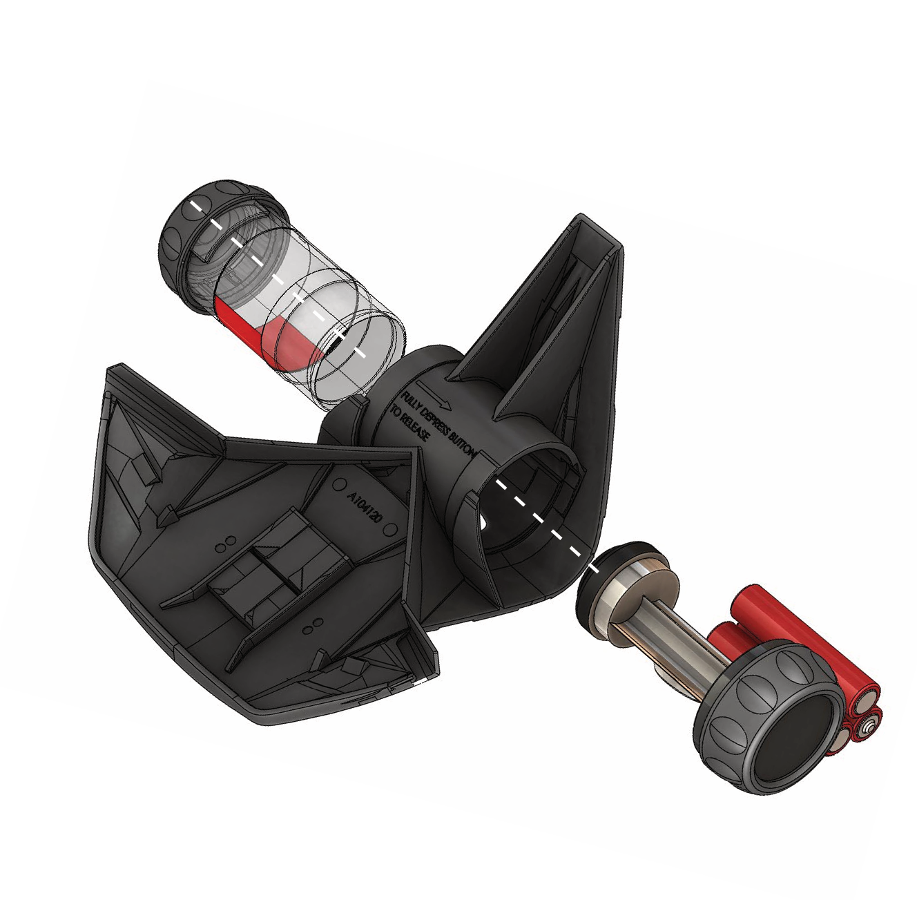 Exploded CAD of helmet torch — housing, battery pack, optic, and lens