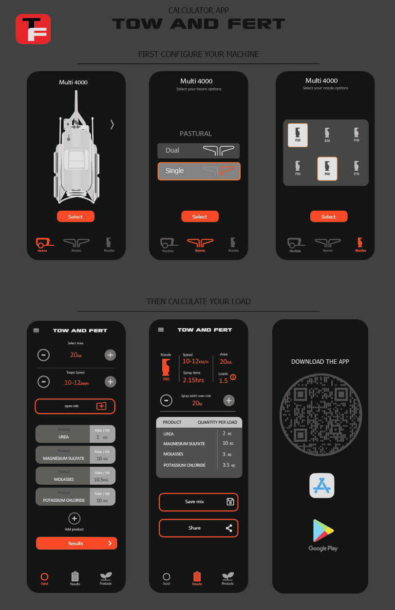 Tow and Fert app — product selection and rate output screen